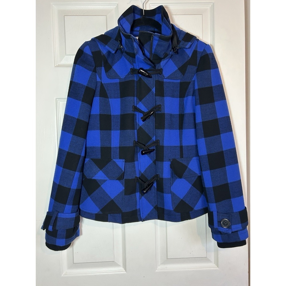 Pendleton Blue Black Buffalo Plaid Wool Blend Toggle Hooded Coat Womens Small